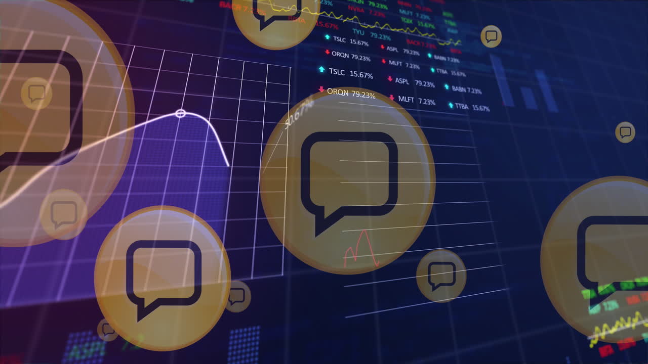 Animation of message box icons, multiple graphs and trading boards over computer language
