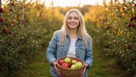 woman smiling in apple orchard holding basket of fresh apples surrounded by lush trees under a bright golden sunset, emanating joy and harvest spirit