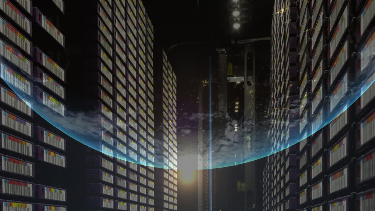 animación de un globo contra la sala del servidor de la computadora