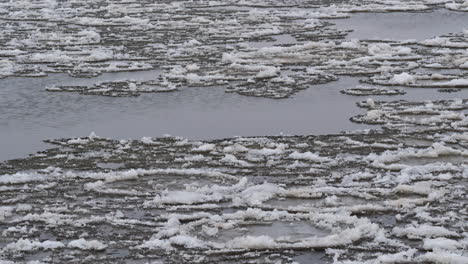 ice floe flowing in the river on overcast day