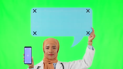Phone,-green-screen-and-woman-with-speech-bubble