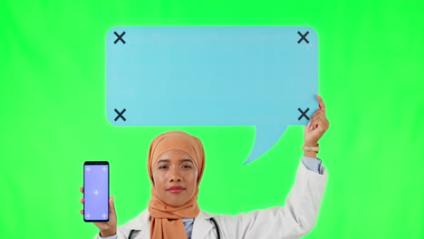 phone, green screen and woman with speech bubble