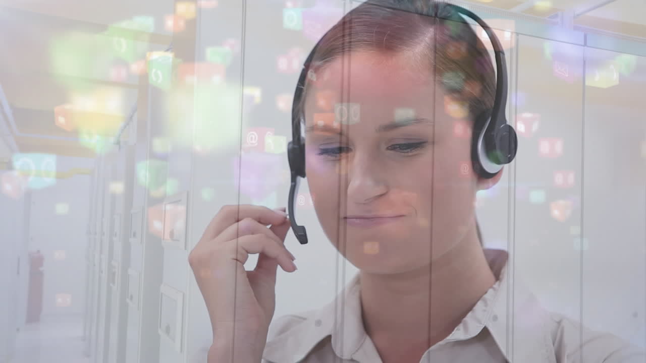 animación de conexiones con iconos sobre mujer de negocios usando auriculares de teléfono