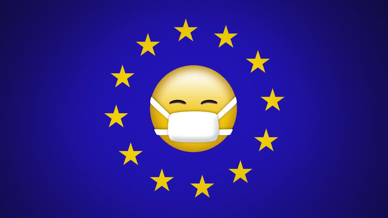 Stelle gialle che ruotano su emoji con mascherina su sfondo blu