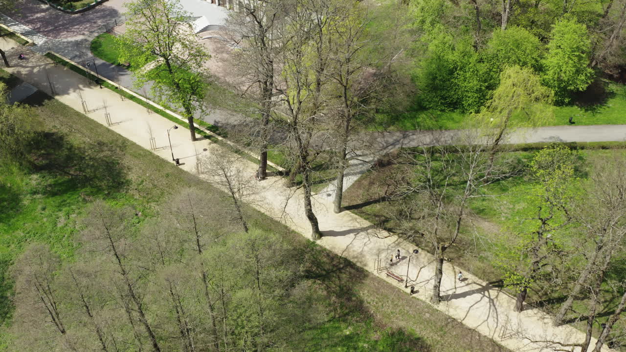 새 나무를 심은 개조된 도시 산책로를 걷는 사람은 거의 없습니다.