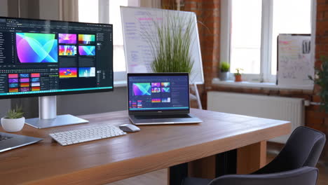 modern office workspace with multiple displays for creative work