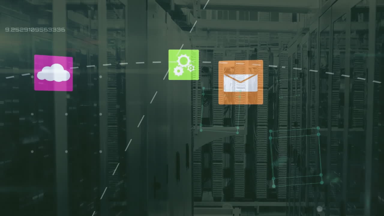 animación del icono de la nube y la red de conexiones con iconos a través de servidores informáticos