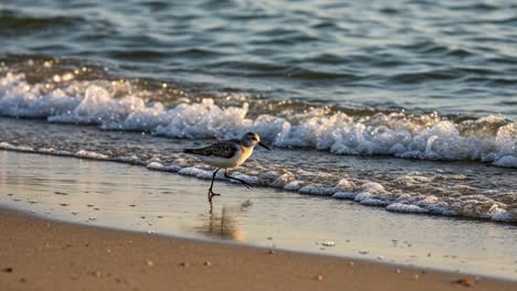 a shorebird strolling along the water's edge, captured in stunning detail as waves gently lap at the sand under a beautiful coastal sunset