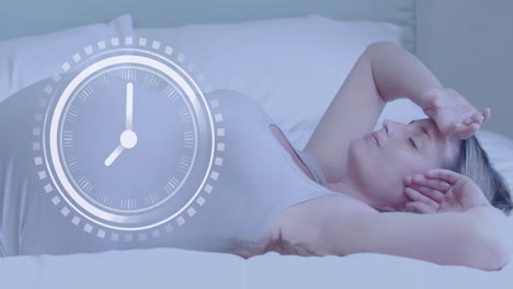 clock with fast moving hands over happy pregnant caucasian woman lying on bed resting