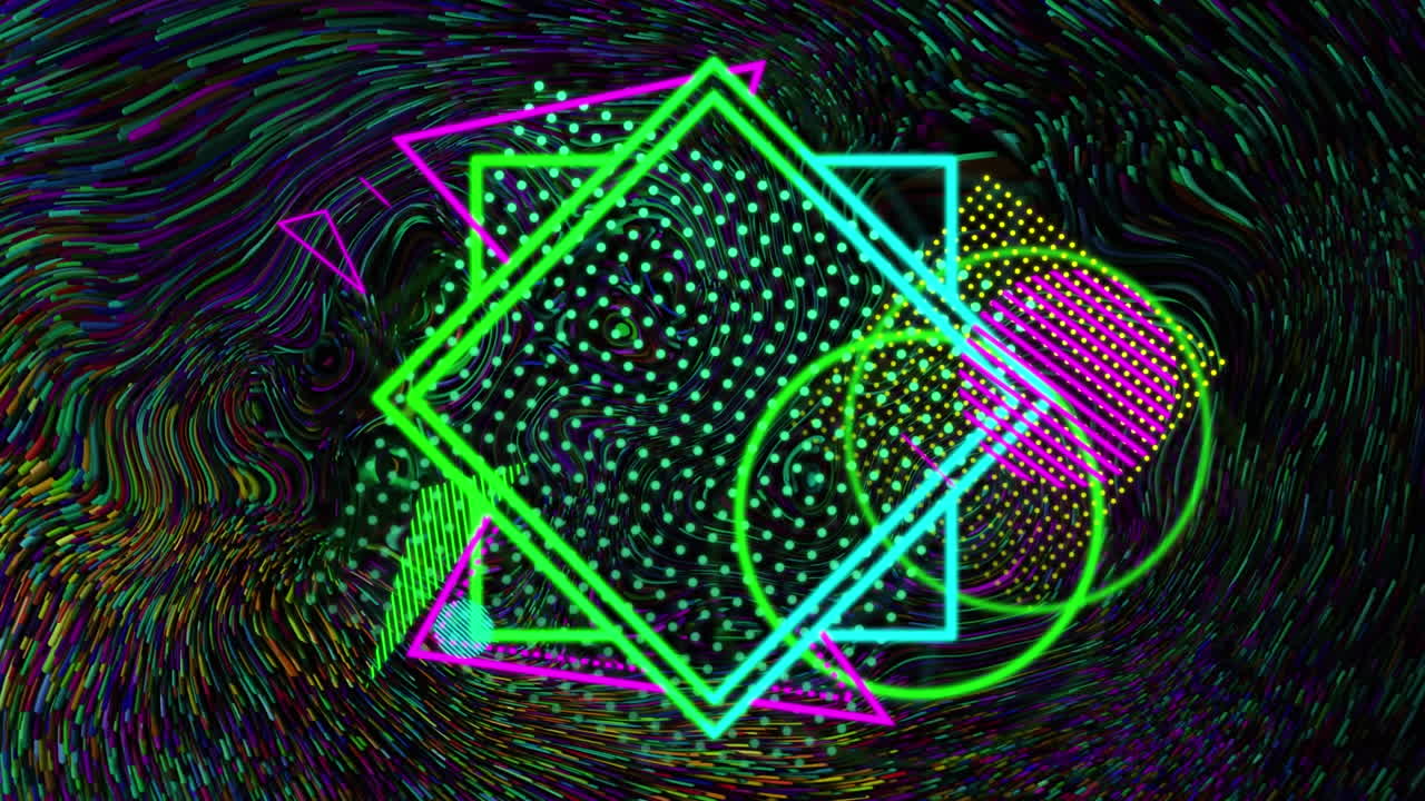 Design di forme geometriche colorate su uno sfondo a vortice liquido multicolore.