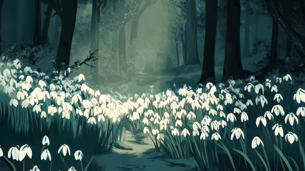 Fortryllet skoglysning fylt med blomstrende hvite snøklokker