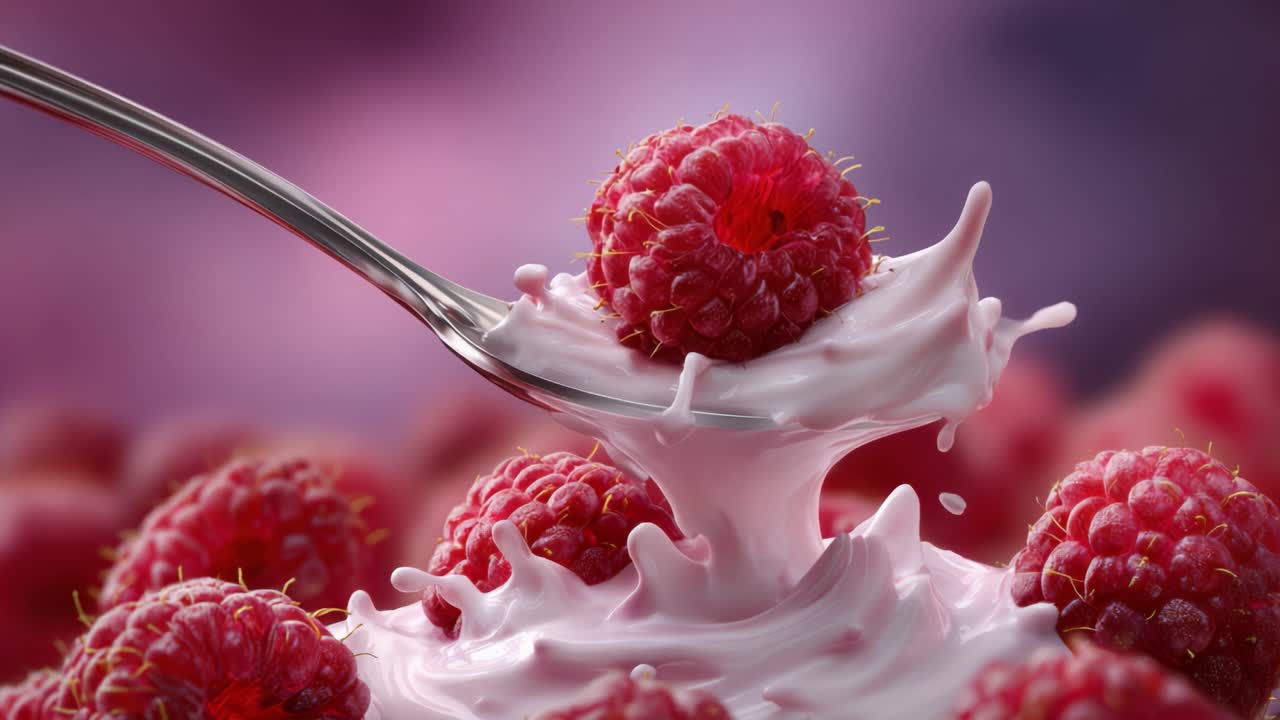 A delectable spoonful of fresh raspberries splashing into creamy yogurt, creating an enticing visual that highlights the delightful combination of flavors and textures