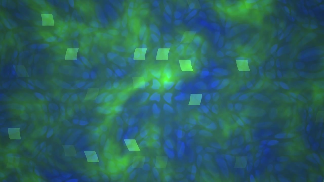 Abstrakter Bewegungshintergrund mit schwebenden grünen geometrischen Formen und blauen Mustern