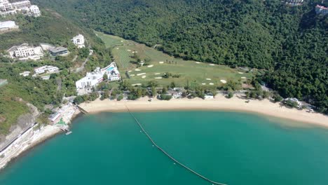 Empty-public-beach-in-Hong-Kong-due-to-Covid19-lockdown-guidelines,-Aerial-view