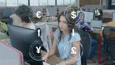 animation of currency icons and data processing over diverse business people in office