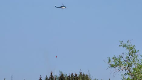 helicopter bucket pulled below flies toward forest fire releasing water in sky