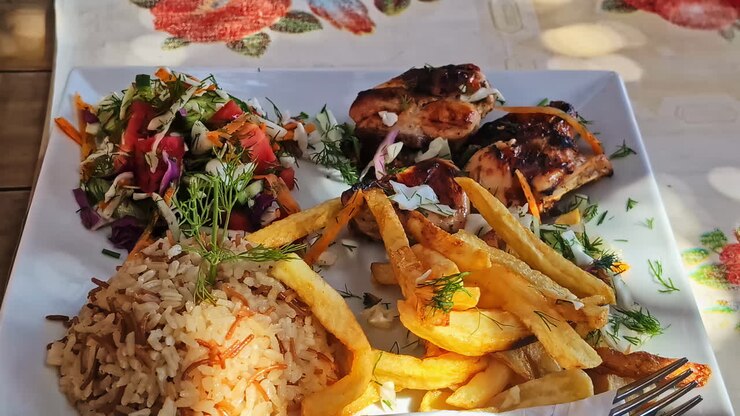 Pollo a la parrilla con patatas fritas, arroz y ensalada