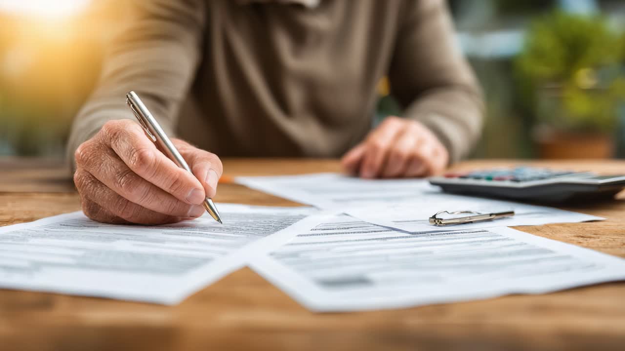 Una persona che revisiona e firma diligentemente documenti importanti a un tavolo di legno, con scartoffie e una calcolatrice intorno, mostrando concentrazione e attenzione ai dettagli nei compiti lavorativi.