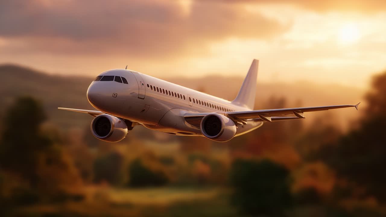 Um avião elegante voando graciosamente em um céu de pôr do sol deslumbrante, mostrando seu design dinâmico e capturando a essência da viagem e da aventura em voo