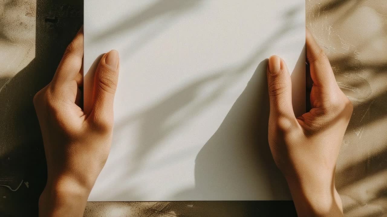 Hands holding paper with leaf shadows, captured from above
