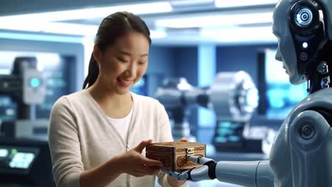 a human-robot interaction scene: a woman engaging with an advanced humanoid robot in a high-tech environment, exploring the future of ai and robotics technology