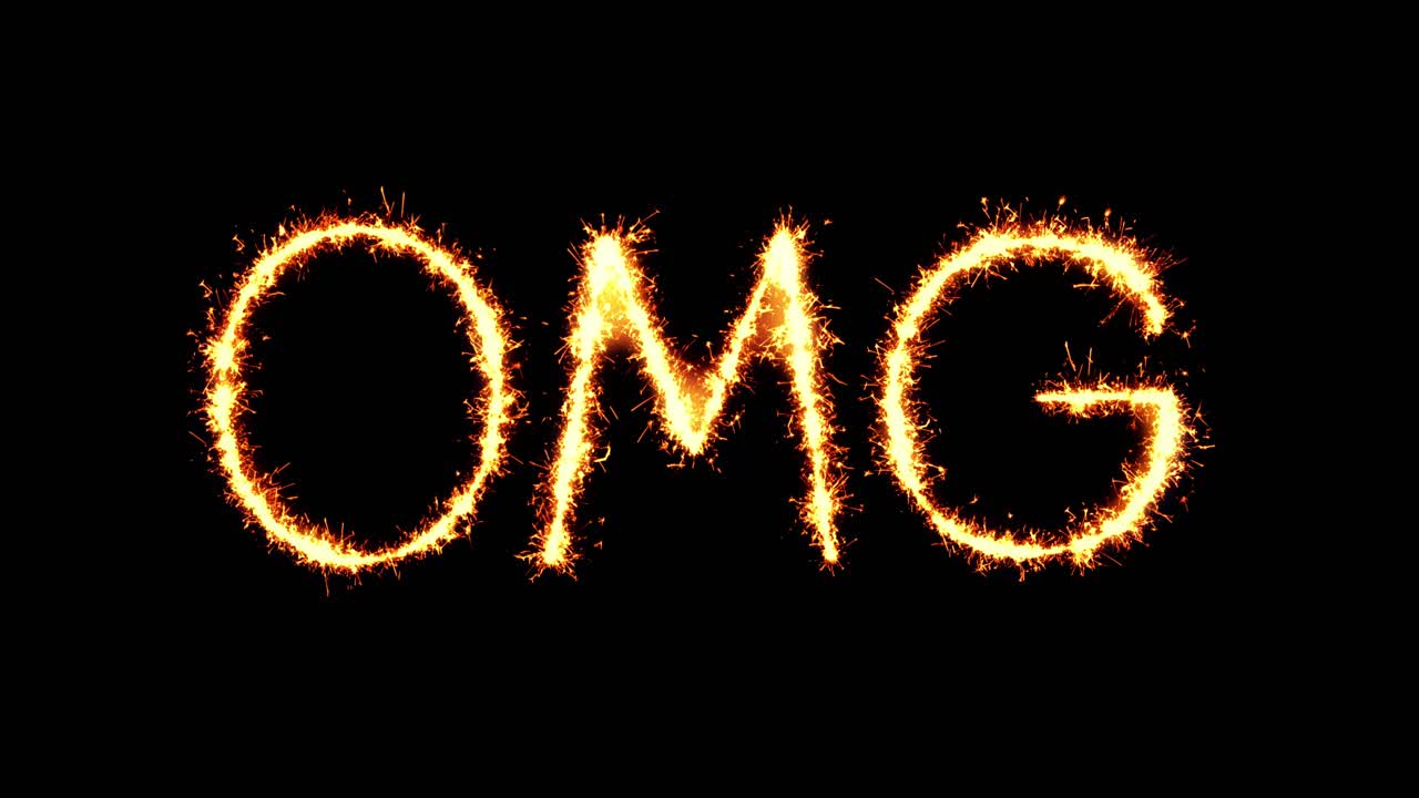 Omg text sparkler writing with glitter sparks particles firework on black 4k loop background
