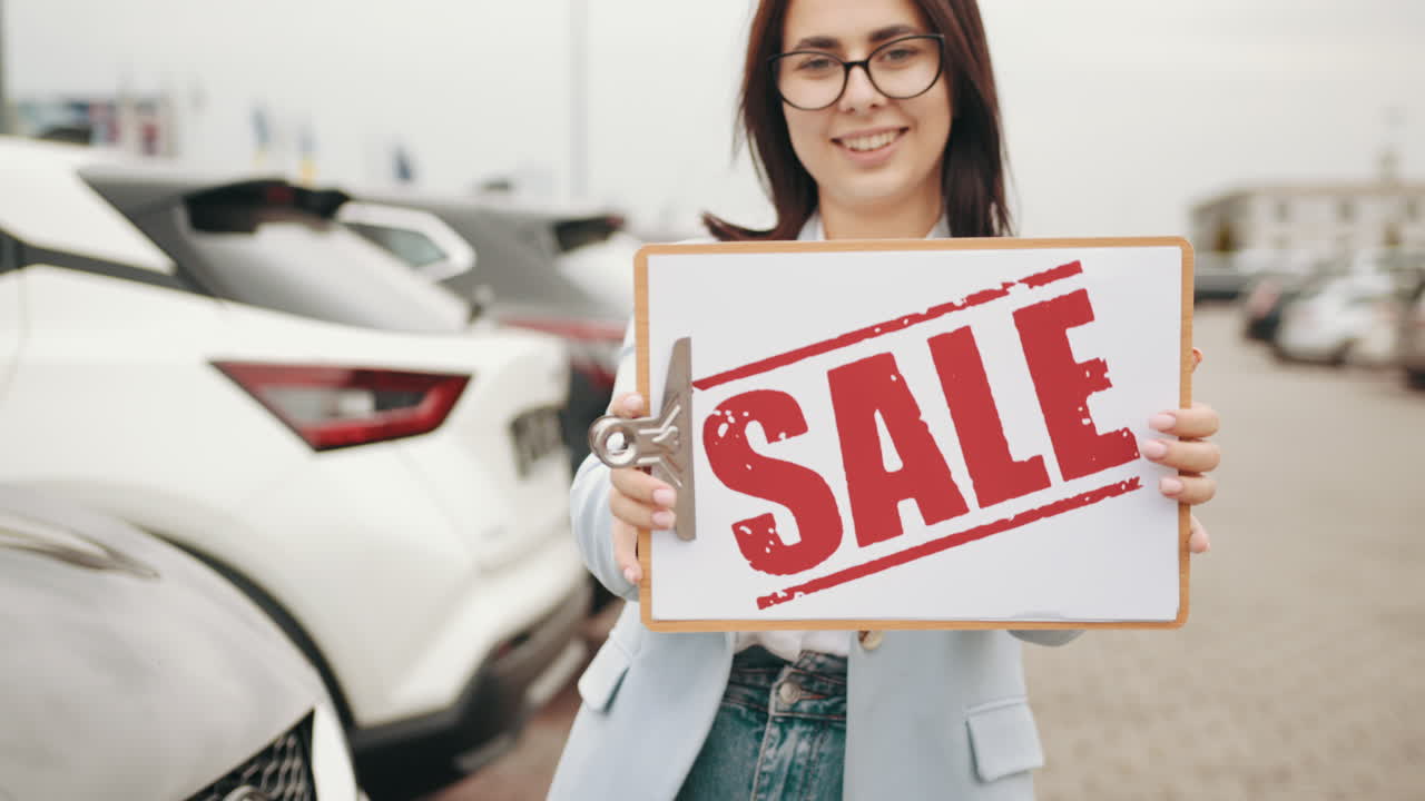 mujer sosteniendo un letrero de venta delante de los coches