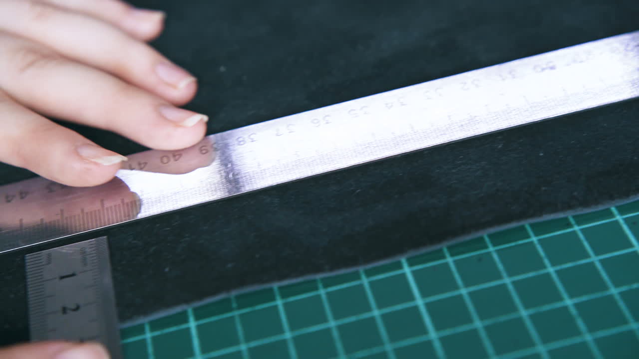 человек проверяет кожаную меру на подошве для резки.