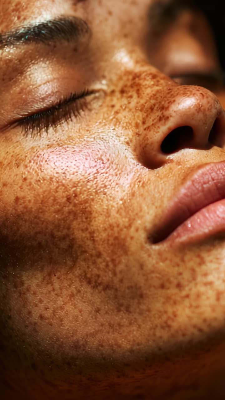 Primo piano di una donna con lentiggini, che cattura la bellezza naturale e la texture unica della pelle, mettendo in risalto i tratti radiosi ed espressivi in condizioni di luce soffusa