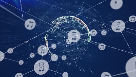 animation of network of digital icons against light trails over spinning globe and data processing