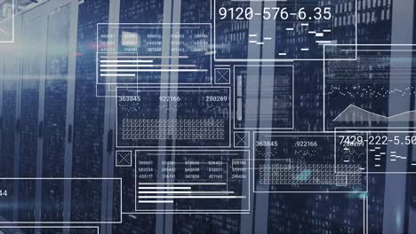 animation of interface with data processing and light spot against computer server room