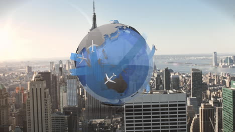 animation of globe with airplanes spinning over cityscape