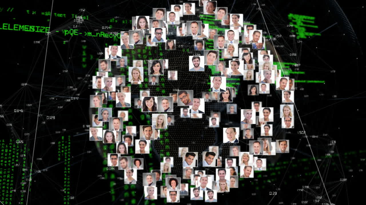 анимация глобуса с сетями связей с фотографиями различных бизнесменов