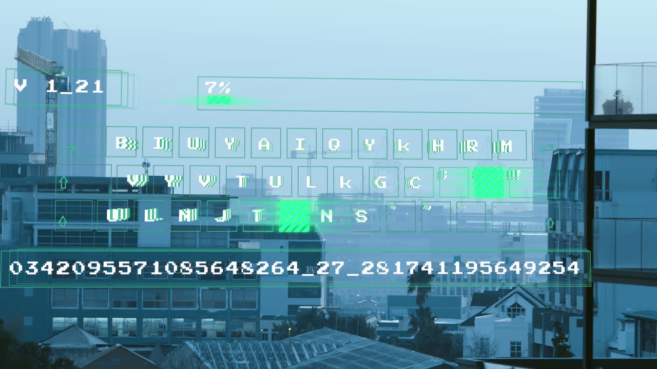 도시 풍경 위의 데이터 처리 애니메이션