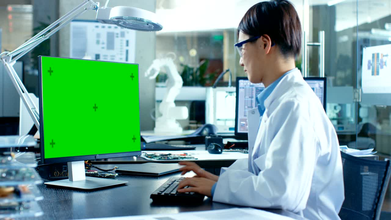 un científico asiático sentado en su escritorio trabaja en una computadora personal con una maqueta de pantalla verde. en el fondo un laboratorio de investigación de ciencias de la computación con un modelo de brazo robótico.