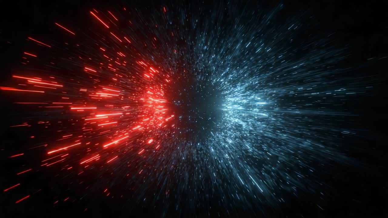 Esplosione dinamica di energia: una vivida esposizione di particelle di luce rosse e blu in un misterioso vortice cosmico, che rappresenta dualità e contrasto in movimento.