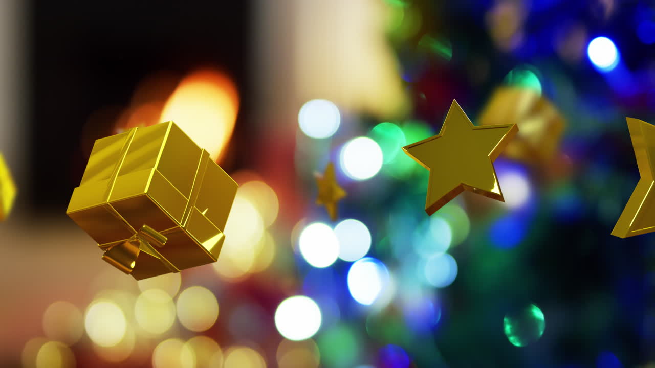 estrellas de oro y regalos flotando sobre bokeh fuego en la chimenea y luces de navidad en el árbol