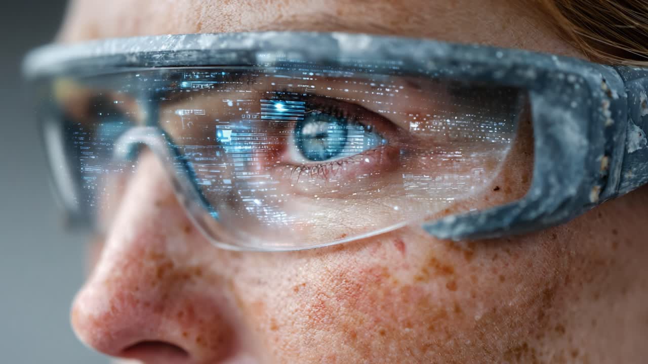 Close-Up of a Person Wearing Innovative Smart Glasses Displaying Data and Information, Highlighting the Future of Technology and Augmented Reality Vision