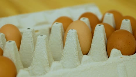 la mano plegando huevos en el paquete. cerrar el cartón de huevos gris con la gente poniendo huevos fuera del cartón.