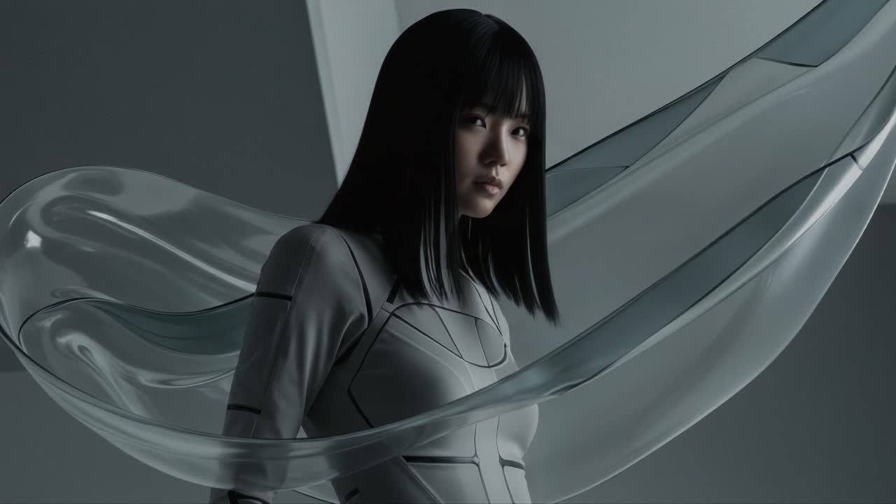 A Futuristic Scene Featuring a Female Character in a Stylish, Form-Fitting Suit with Flowing Transparent Fabric, Capturing a Moment of Determination and Strength