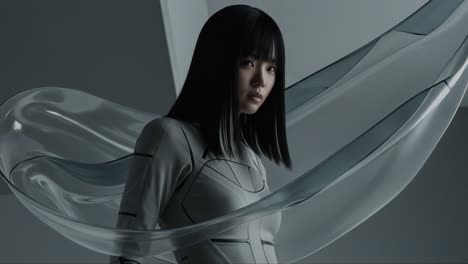 a futuristic scene featuring a female character in a stylish, form-fitting suit with flowing transparent fabric, capturing a moment of determination and strength
