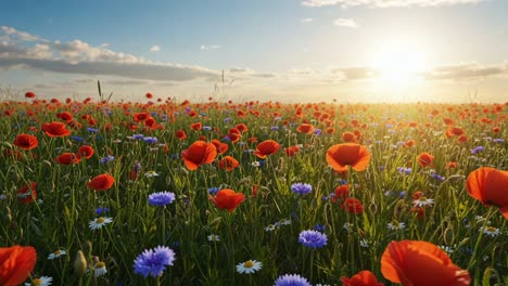 a vibrant summer meadow brimming with colorful wildflowers, bathed in golden sunshine, showcasing a serene landscape of red poppies and blue cornflowers