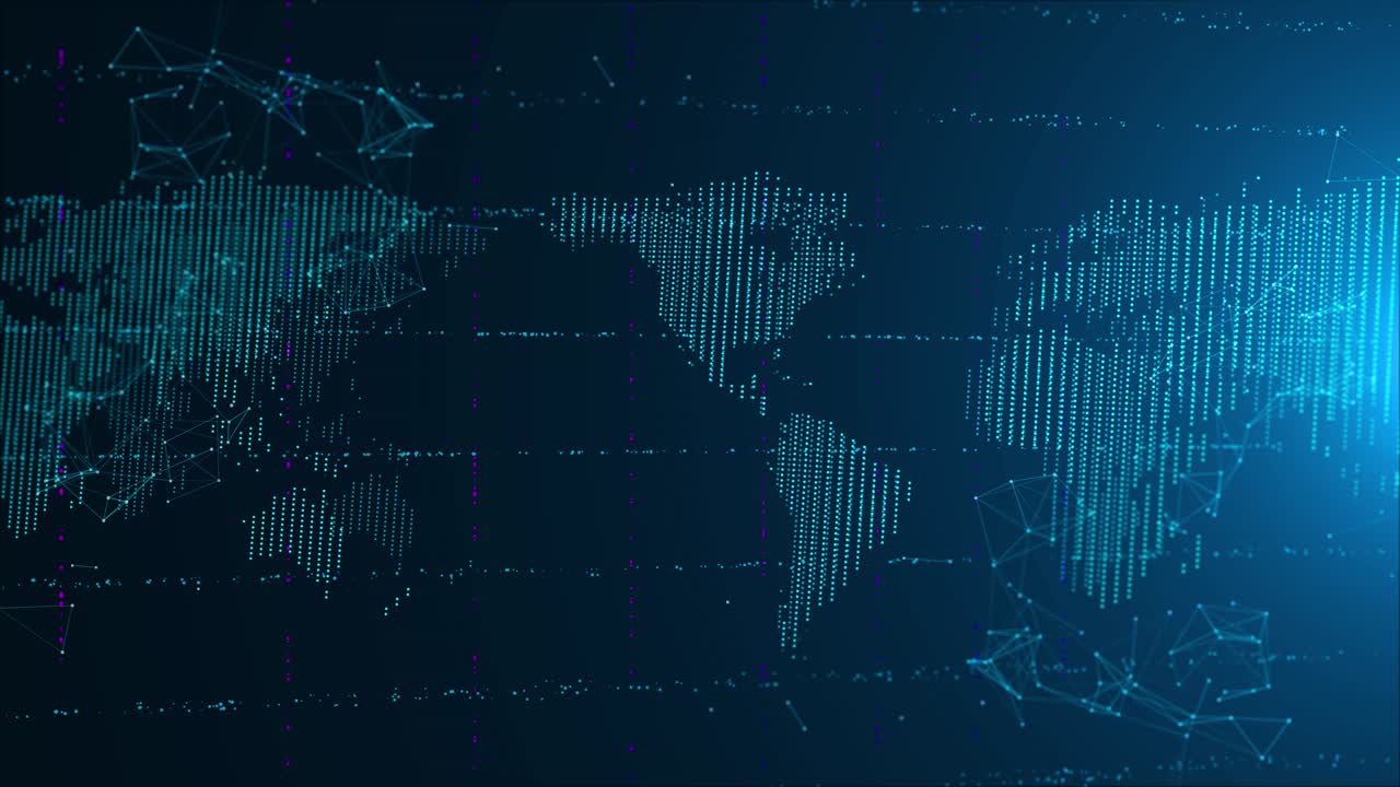 Abstract digital world map connection lines dots blue cybersecurity news studio with world map