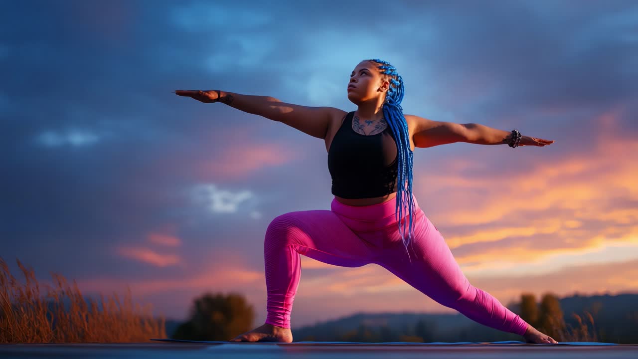 A beautiful moment of mindfulness and strength captured during a serene sunset yoga session, showcasing a woman in warrior pose with vibrant skies and tranquil surroundings