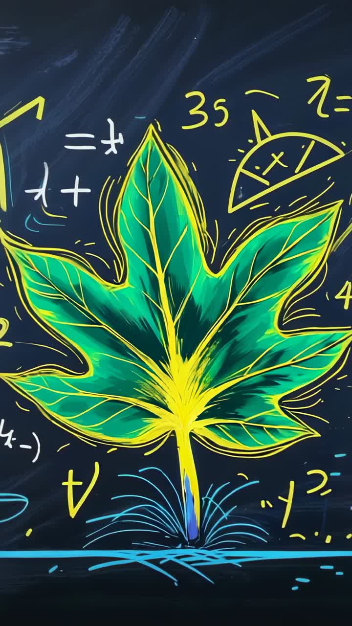 Vertical video: Displaying stylized leaf on chalkboard, staying centered, with chalk formulas