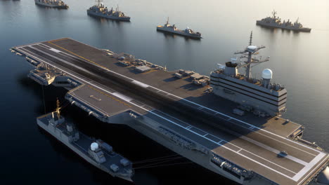 aerial view of a naval fleet with an aircraft carrier and warships at sea