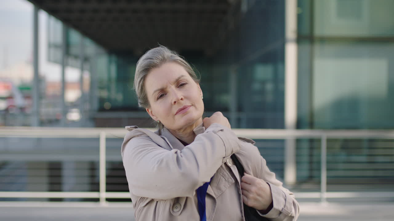 retrato de una mujer de negocios independiente de mediana edad que sale del trabajo mirando seriamente a la cámara en la ciudad