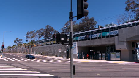 rapid transit train on elevated railway moves through los angeles 2