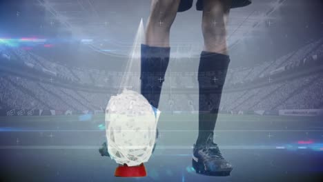 jugador de rugby pateando fútbol con fragmentos de vidrio animados que salen de la pelota en un estadio lleno