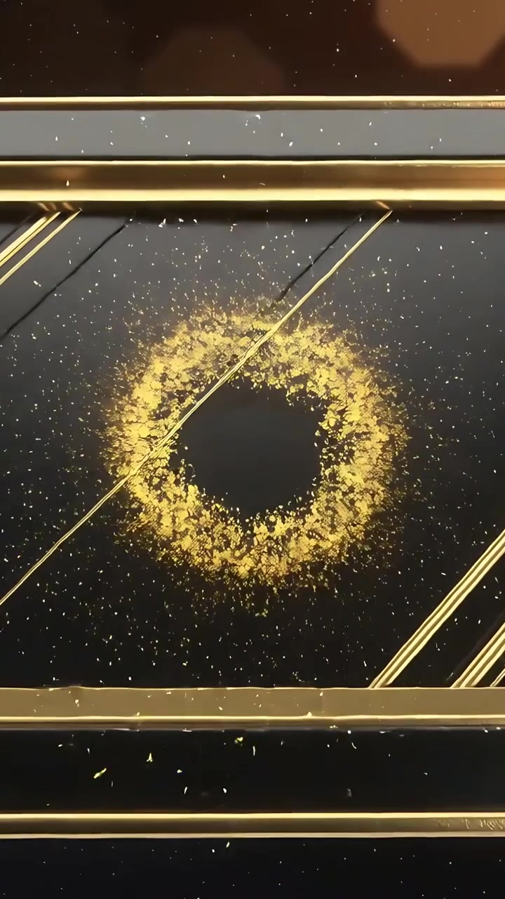 Video verticale: Aste d'oro scorrevoli che formano un anello che si rompe in frammenti su un pannello nero, lasciando dei binari.
